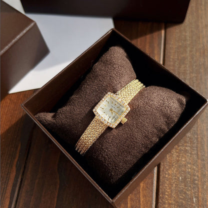 Small golden square watch with mesh belt, ideal for ladies, featuring stainless steel strap and sapphire crystal mirror.