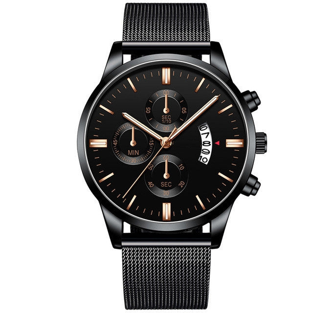 Mens Business Luxury Watch with black stainless steel band and analog display.