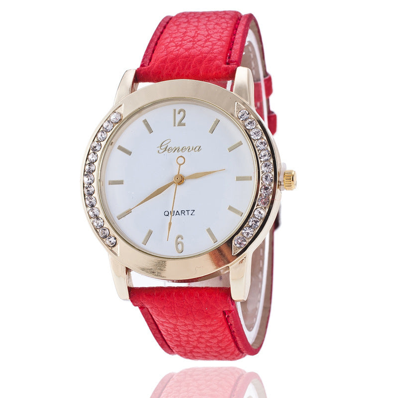 Geneva Diamond Quartz Watch for Women, red imitation leather strap, round dial.