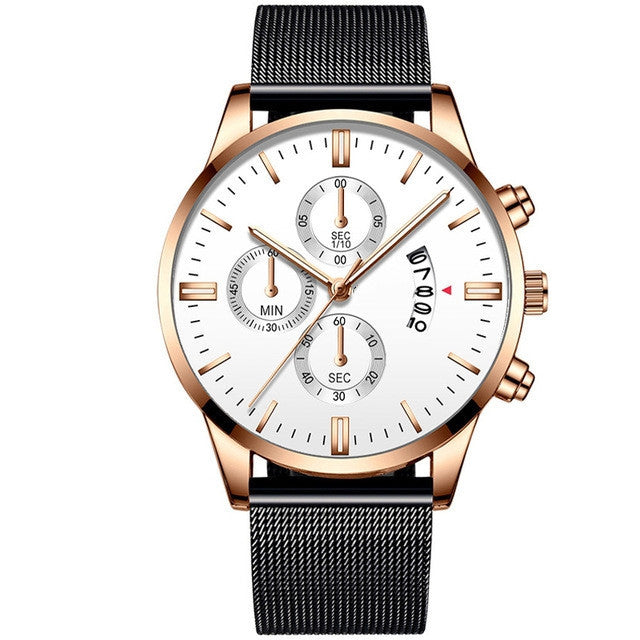 Mens business luxury watch with quartz movement and stainless steel band.