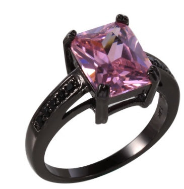 Square Black Gold Sapphire Ring in 10KT Gold Filled with pink gemstone.