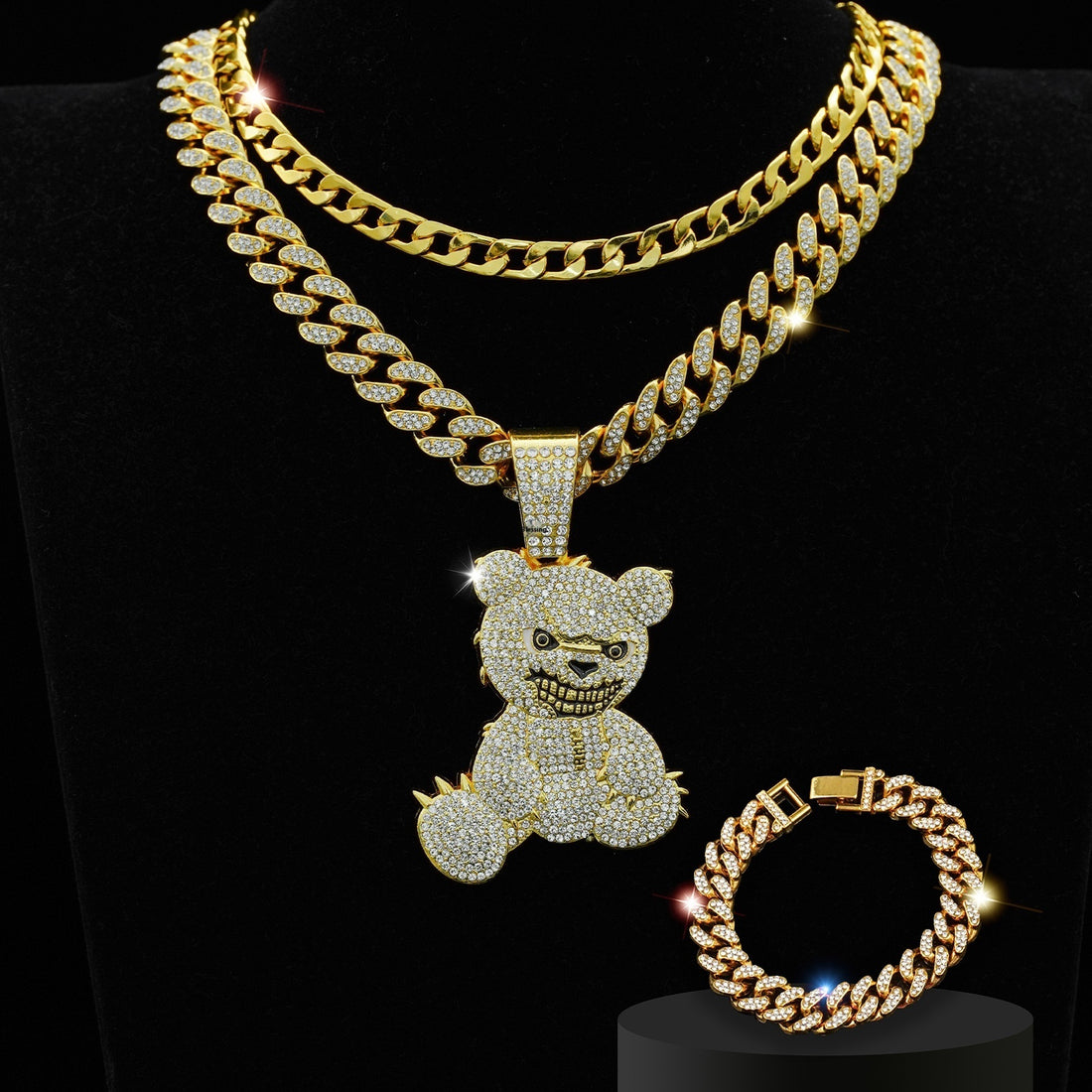 Fully-jewelled Bear Pendant Necklace Bracelet Three-piece Set