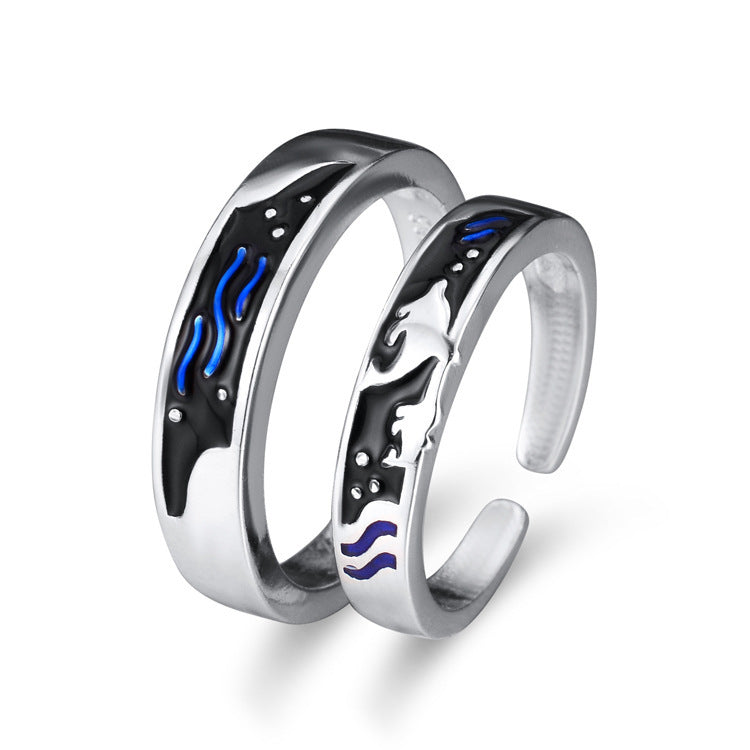 Sea and whale epoxy couple rings with adjustable opening, Korean style. aquatic ring