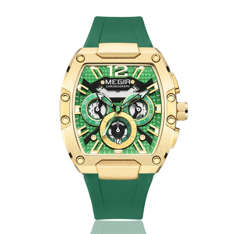 Megia luminous watch with gold case, green face, and green silicone band.