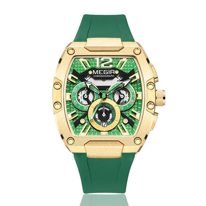 Megia luminous watch with gold case, green face, and green silicone band.