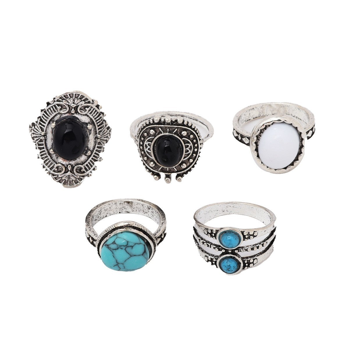 5-piece geometric alloy joint ring set in assorted colors.