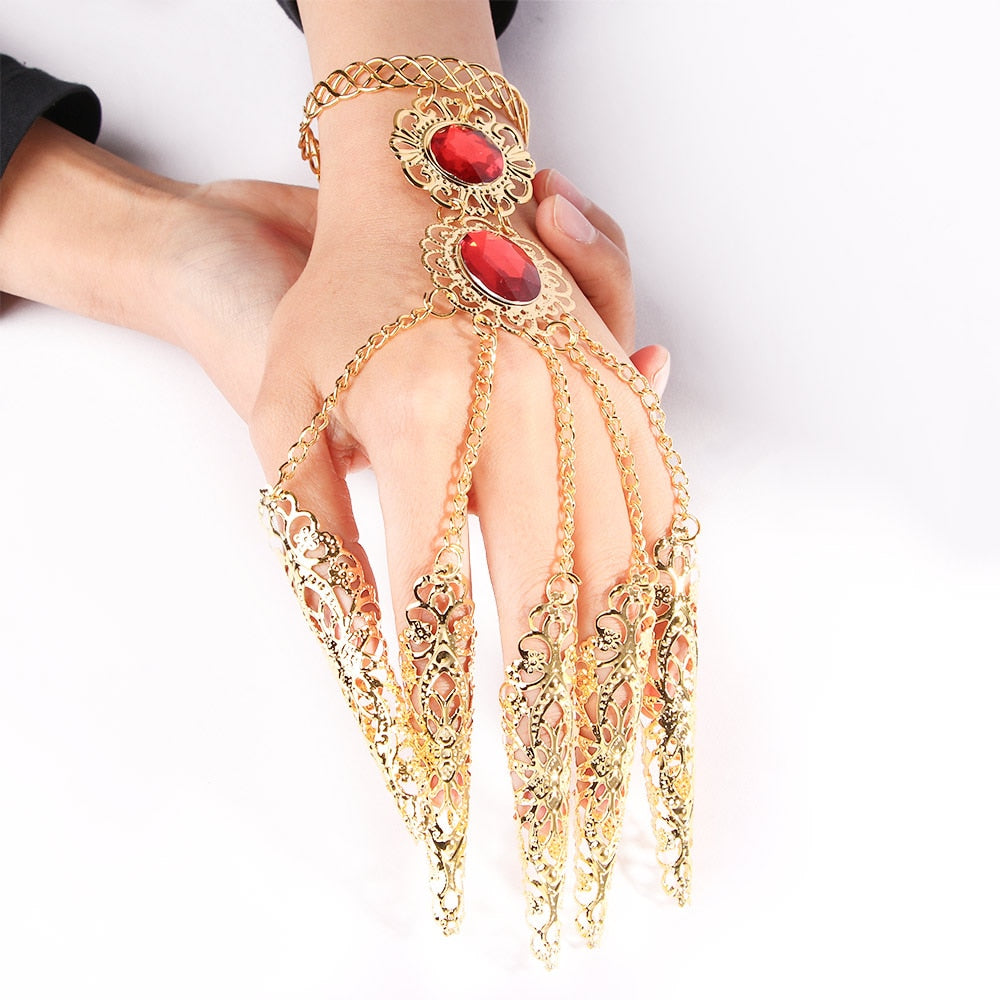 Fashion Indian Thai Golden Finger Bracelet Shining Red Crystal Girl&