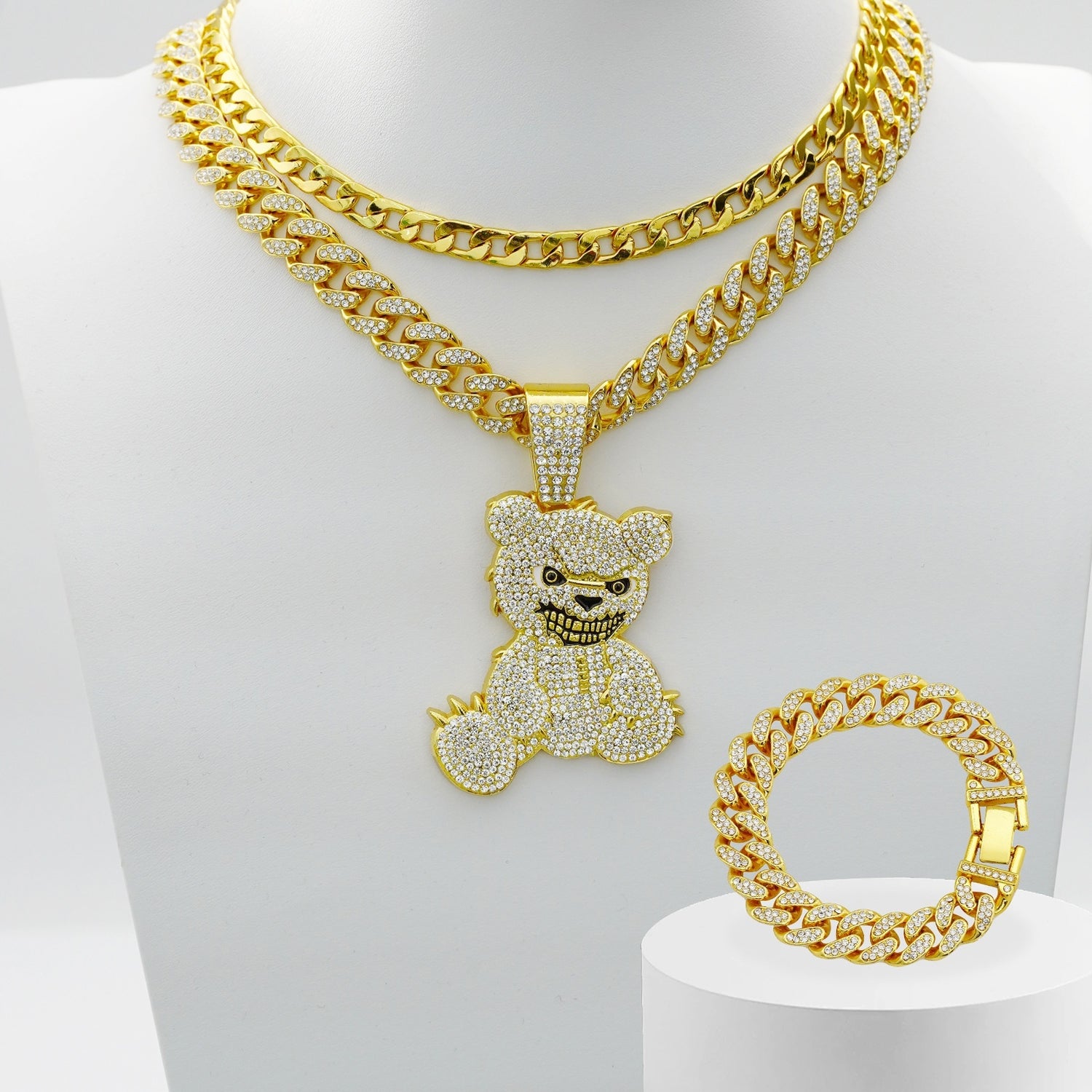 Fully-jewelled Bear Pendant Necklace Bracelet Three-piece Set