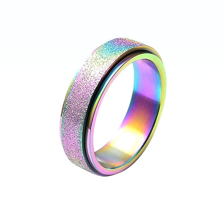 Rainbow bead fidget ring in titanium steel for stress relief, unisex design.