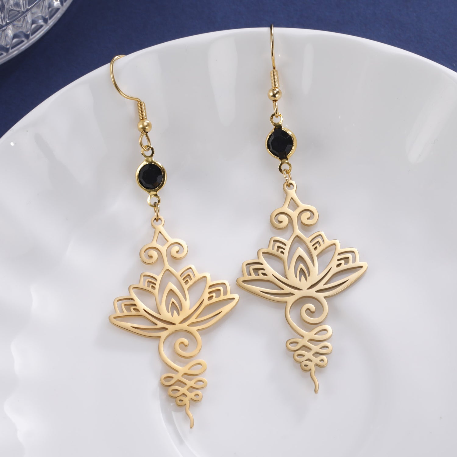 Hollow Lotus Black Crystal Stainless Steel Earrings