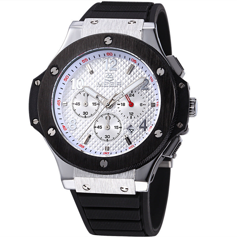 Megir chronograph watch with quartz movement, silicone strap, 35mm diameter, and 3ATM waterproof rating.