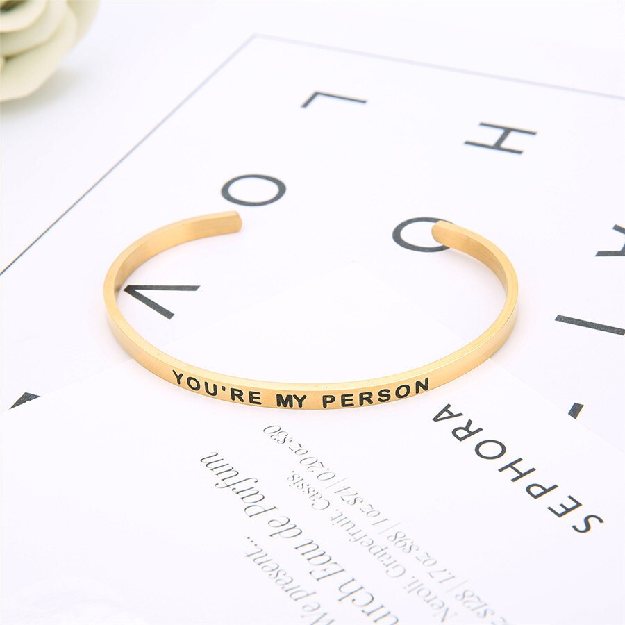 Gold adjustable open cuff bangle with &quot;You&