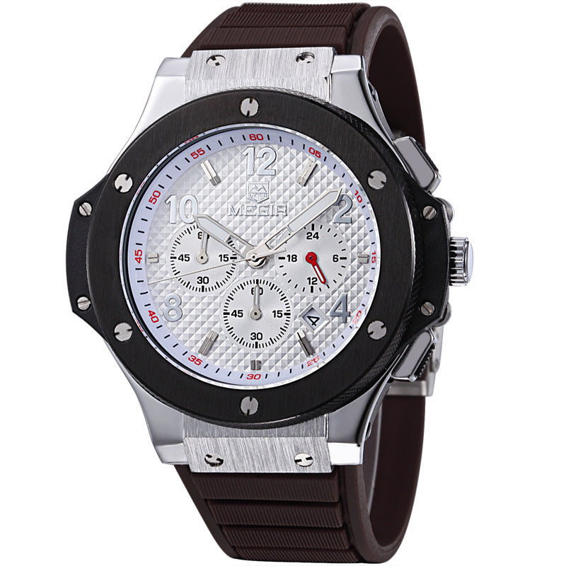 Megir chronograph watch with silicone strap and 35mm diameter, 3ATM waterproof.