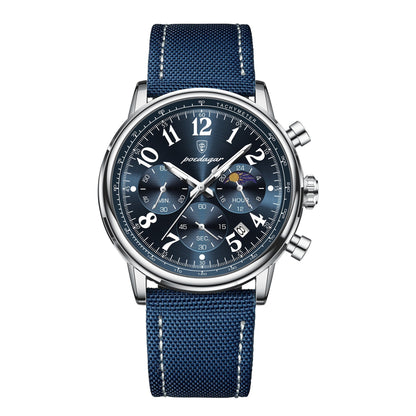 Fashion Quartz Watch with blue surface and silver case featuring a blue ribbon strap.