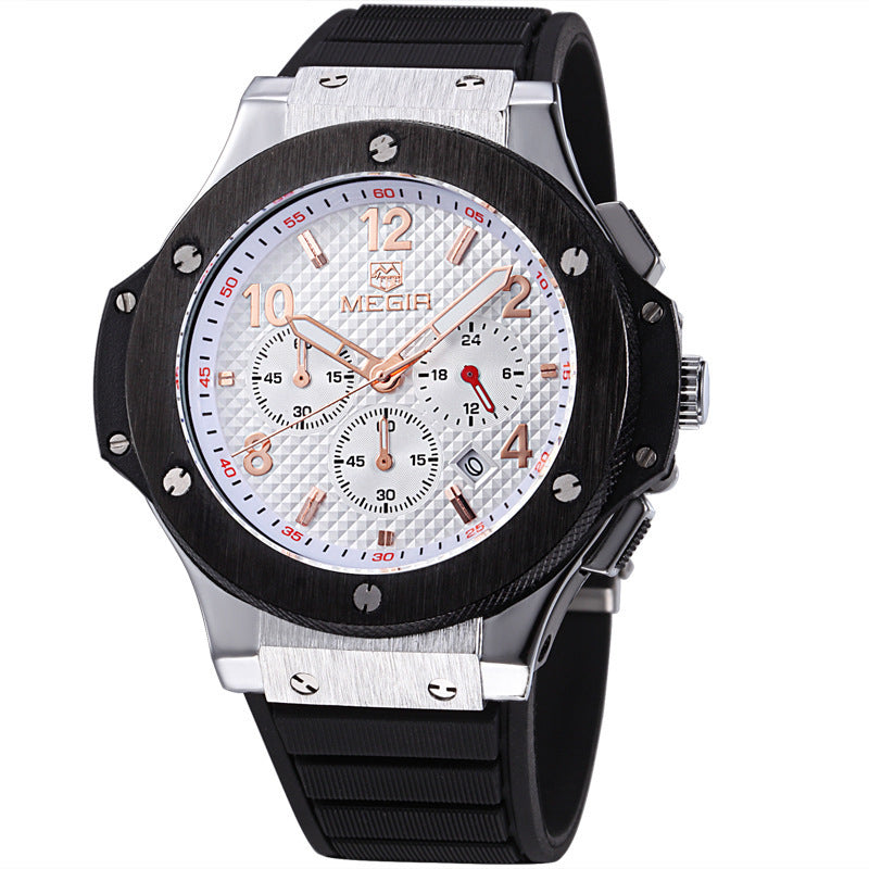 Megir chronograph watch with quartz movement, silicone strap, 35mm diameter, and 3ATM waterproof.