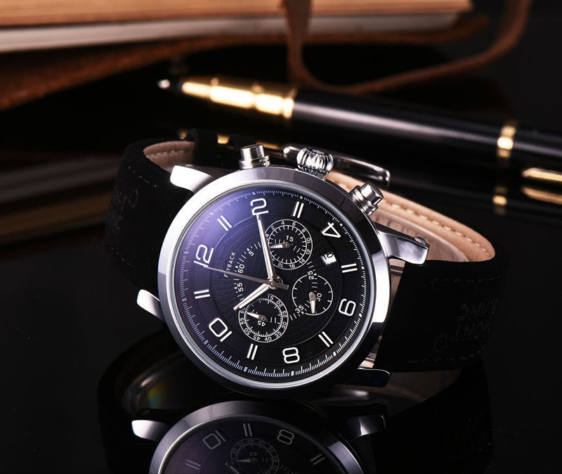 6-pin quartz watch with mineral glass, black dial, and imitation leather strap.