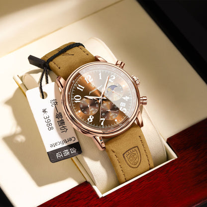 Rose gold fashion quartz watch with brown leather strap in an elegant display box.