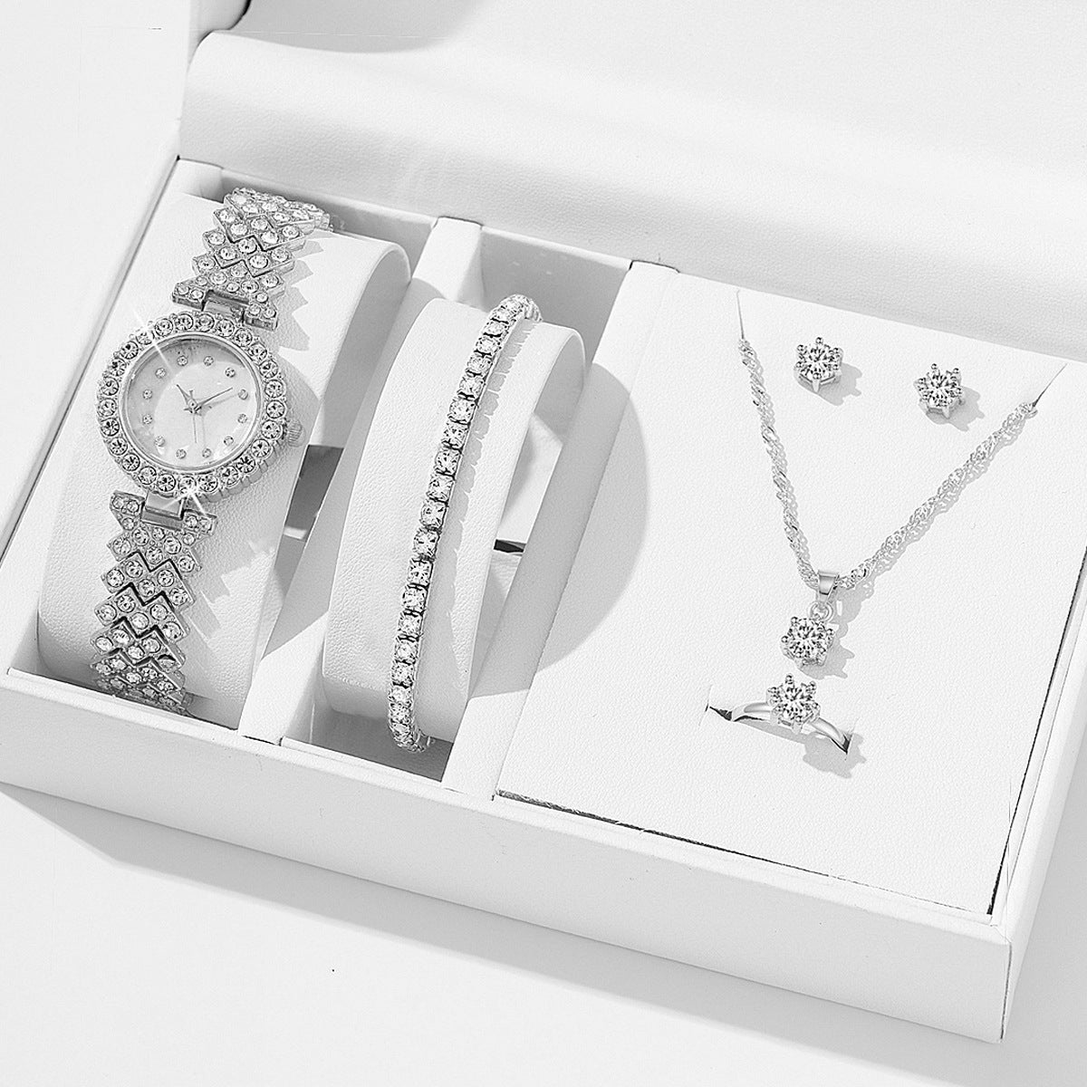 Diamond women watches luxury fashion set with rhinestone bracelet, necklace, earrings, and gift box.