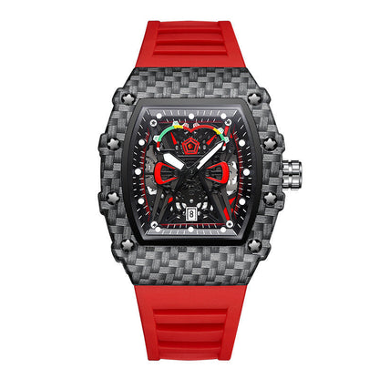 Waterproof luminous watch with black alloy case and red strap, featuring a modern design for men.