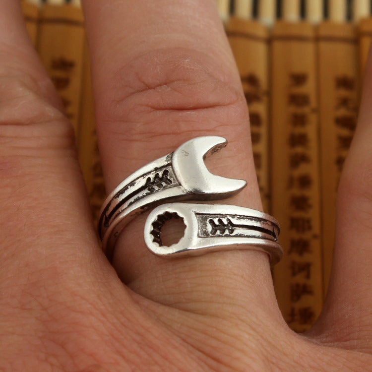 wrench ring | an open wrench themed finger ring, silver inlaid 