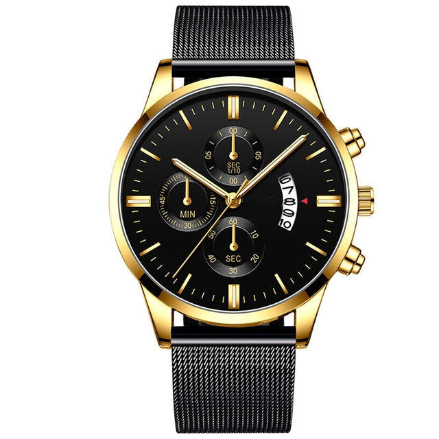 Mens business luxury watch with black stainless steel band and gold-tone case.