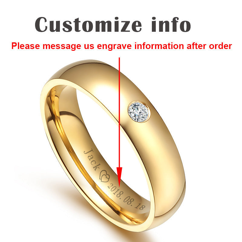 Golden Stainless Steel Couple Rings Matching Jewelry for Couples, featuring a single gemstone.