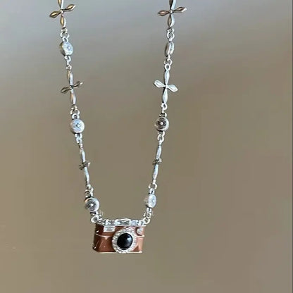 Fashion Retro Coffee Color Camera Necklace Asymmetric