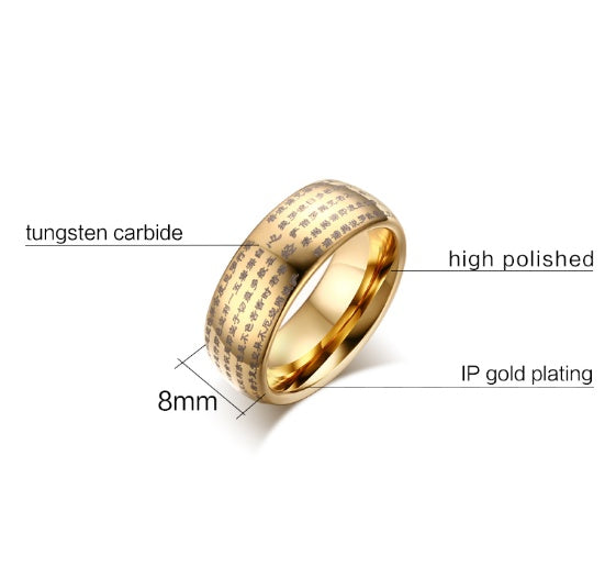 Dome ring made of tungsten carbide with IP gold plating, high polished, 8mm width.