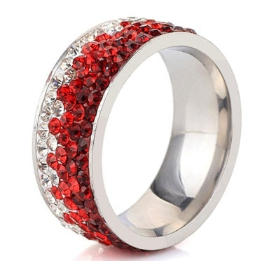 Stainless steel ring with five rows of red and clear crystals, size options available.