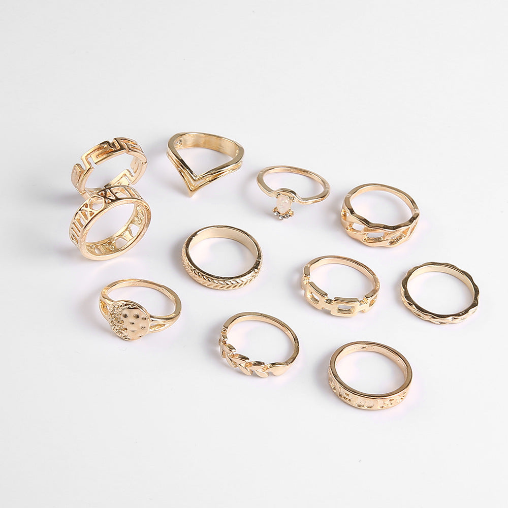 Leaf crown geometric articulation rings, 6-piece combination set, alloy material, elegant design.