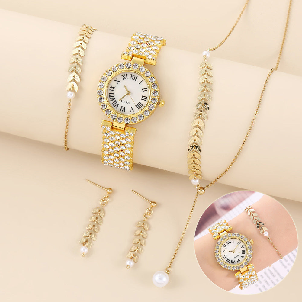 Luxury diamond women’s watch set with rhinestone quartz, bracelet, necklace, and earrings in gold.