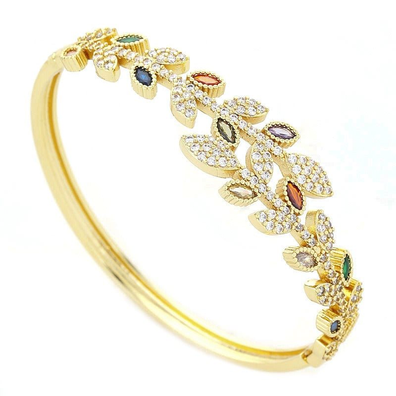 Copper inlaid colored zircon leaf bracelet for women fashion jewelry