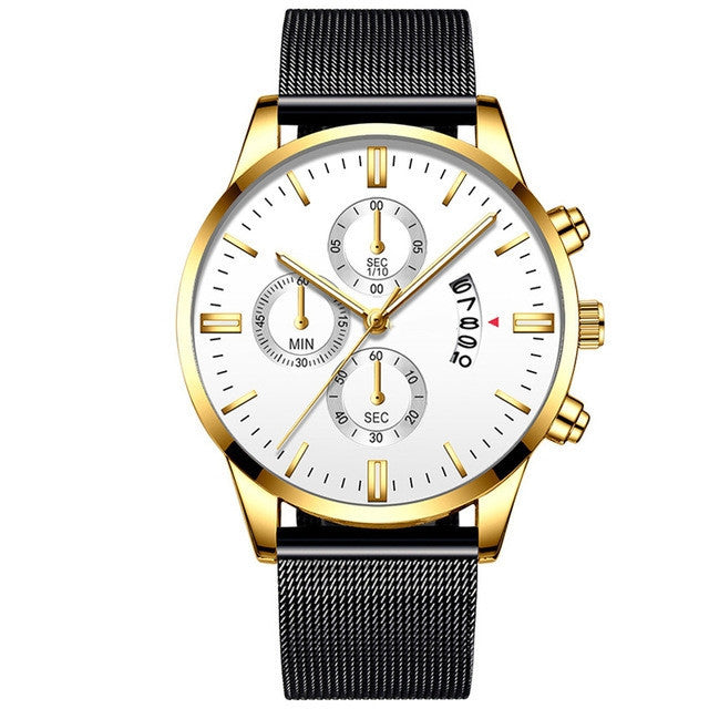 Mens business luxury watch with stainless steel band, quartz movement, and decorative sub-dials.