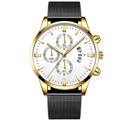 Mens business luxury watch with stainless steel band, quartz movement, and decorative sub-dials.