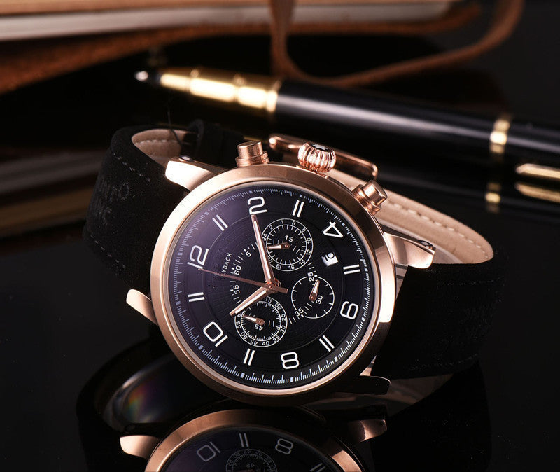 6-pin quartz watch with black dial and imitation leather strap.