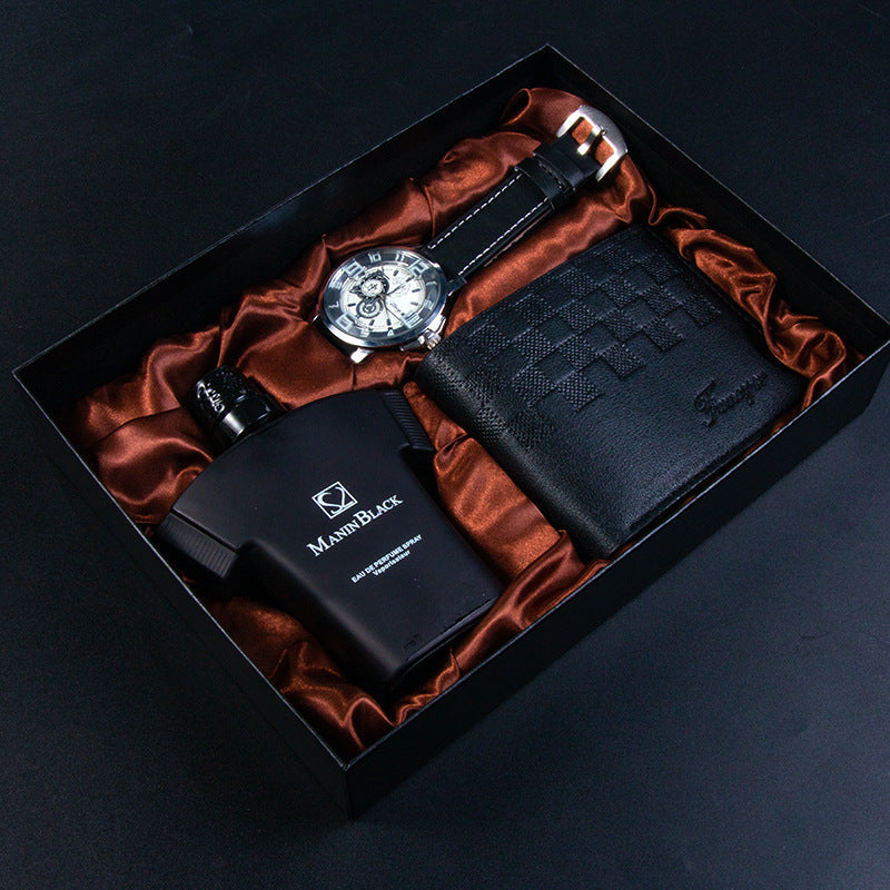 Birthday gift set with quartz watch, leather belt, wallet, and perfume in a gift box.