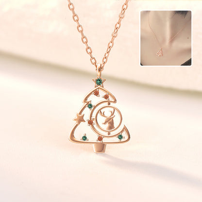 S925 Elk Christmas Tree Necklace Fashion Ins Style Zircon Clavicle Chain Women&