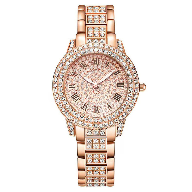 Diamond Fashion Roman Quartz Watch in rose gold with round dial and alloy strap.