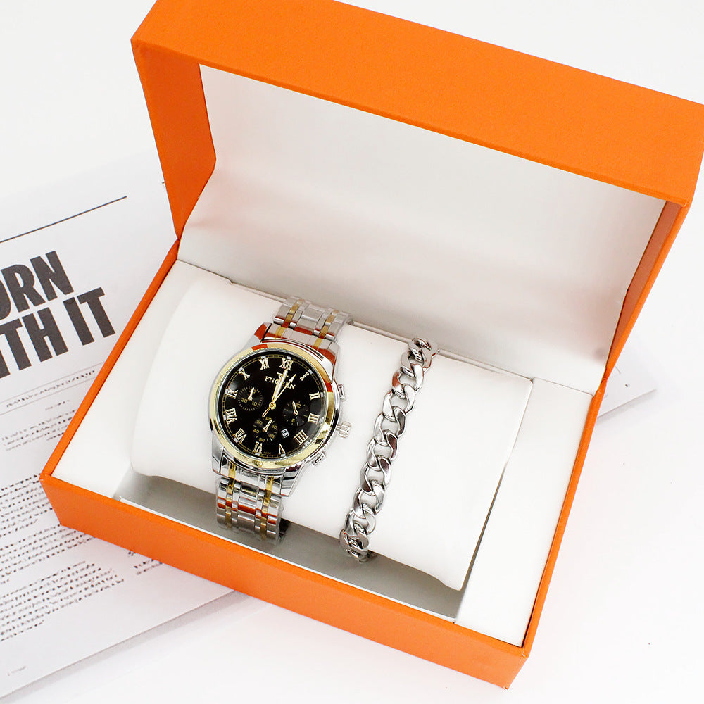 Couple watch suit with quartz watch and bracelet in gift box.