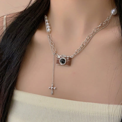 Fashion Retro Coffee Color Camera Necklace Asymmetric