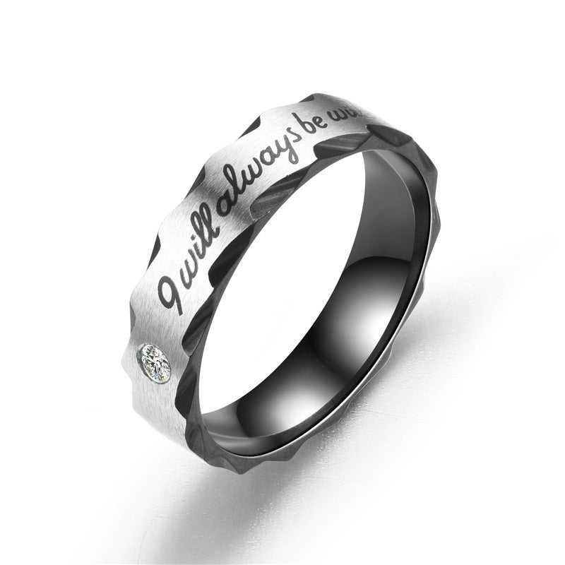 Stainless steel U-shaped flowers couple ring with engraved message and diamond accent.