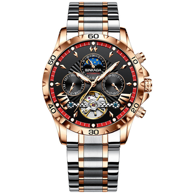 Full-automatic waterproof luminous mechanical watch with rose gold accents and a black dial.