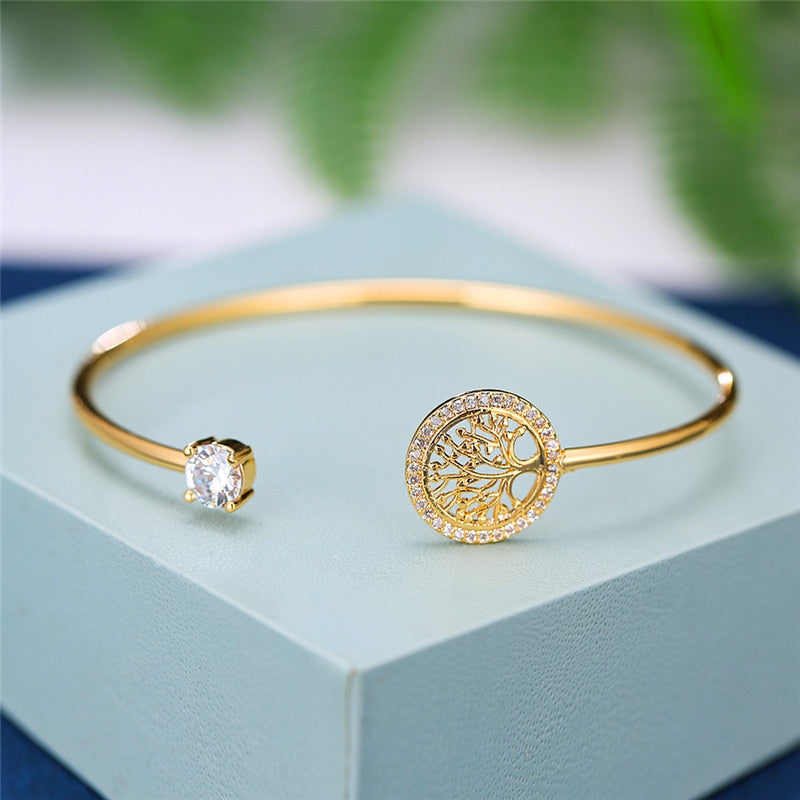 Dainty Female White Zircon Stone Bracelet Tree Of Life Adjustable Bracelets For Women Cute Rose Gold Wedding Bracelet