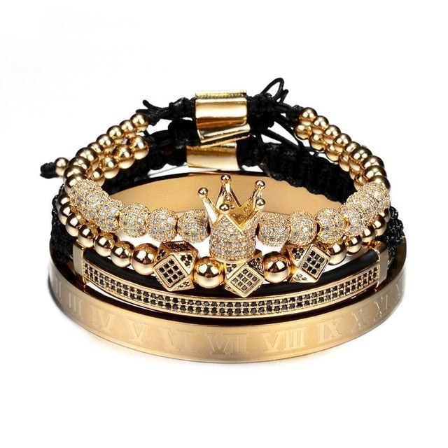 Classical handmade gold braiding bracelet with pave CZ zircon crown and Roman numerals, luxury jewelry.