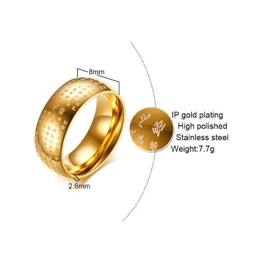 Gold dome ring with engravings, 8mm width, tungsten carbide for men and women.