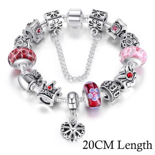 BAMOER Silver Charms Bracelet &amp; Bangles With Queen Crown Beads PA1823