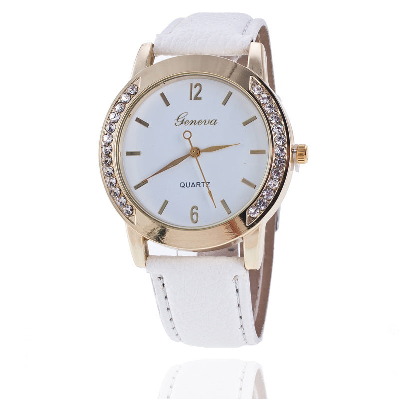 Geneva Diamond Quartz Watch for Women with Round Dial and Blue Imitation Leather Strap.