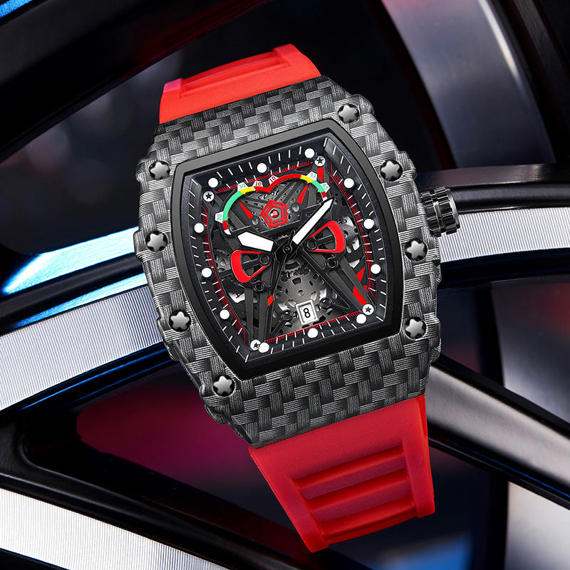 Waterproof luminous watch with black shell and red belt, featuring an alloy watchcase and stainless steel bottom.