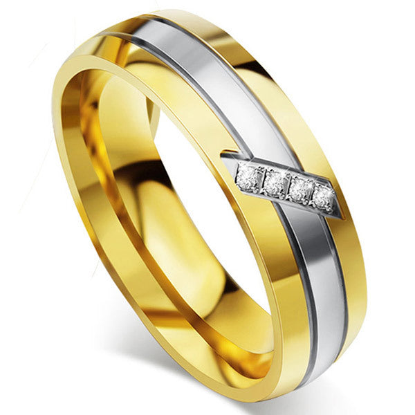 Titanium steel couple ring with a gold and silver design, featuring a sleek geometric style and micro inlay accents.