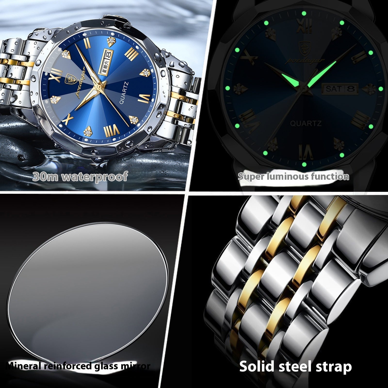 Watch with blue dial and gold accents, waterproof, super luminous, luxury design, solid steel strap, mineral reinforced glass.